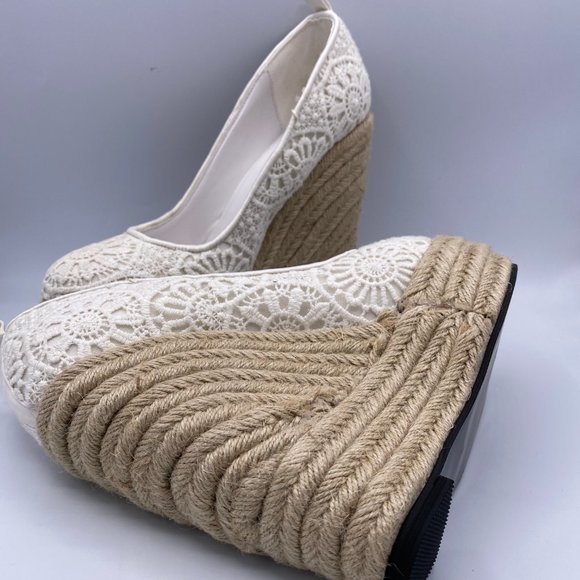 FSJ Ivory Lace Espadrille Wedges Wedding Round - Picture 5 of 10